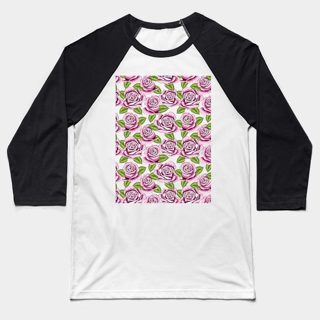 Roses Pattern Baseball T-Shirt by Designoholic